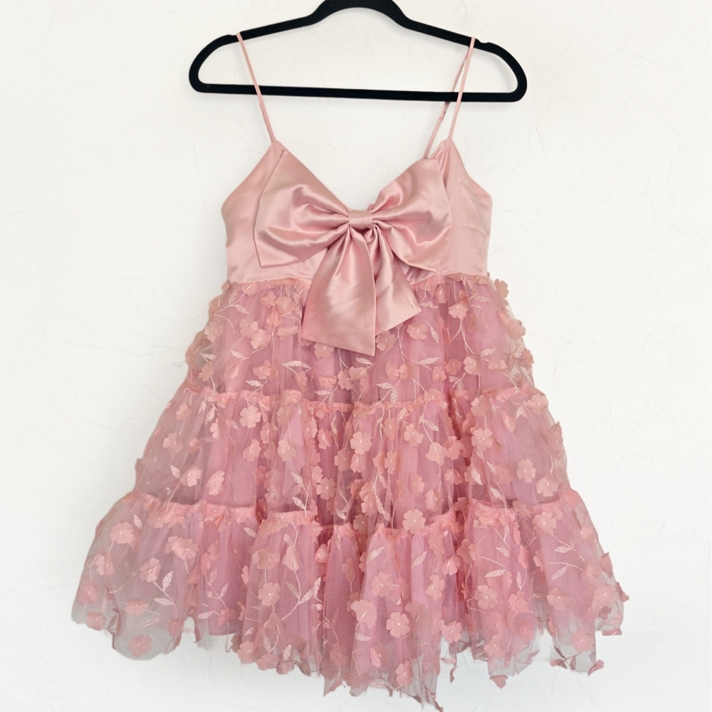 Sugar Thrillz Pink Floral Bow Satin Babydoll Dress, M